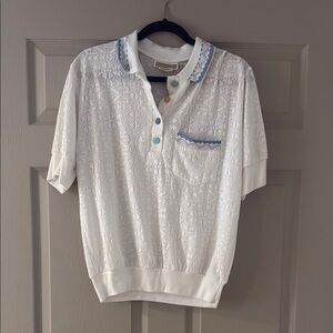 Vintage White Textured Polo Shirt with Colorful Accents